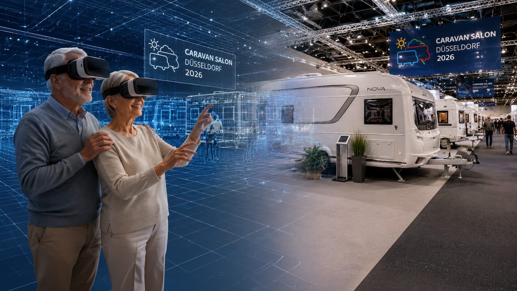 Een man en vrouw in virtual reality-brillen verkennen een tentoonstelling, zichtbaar onder de indruk van de technologie.